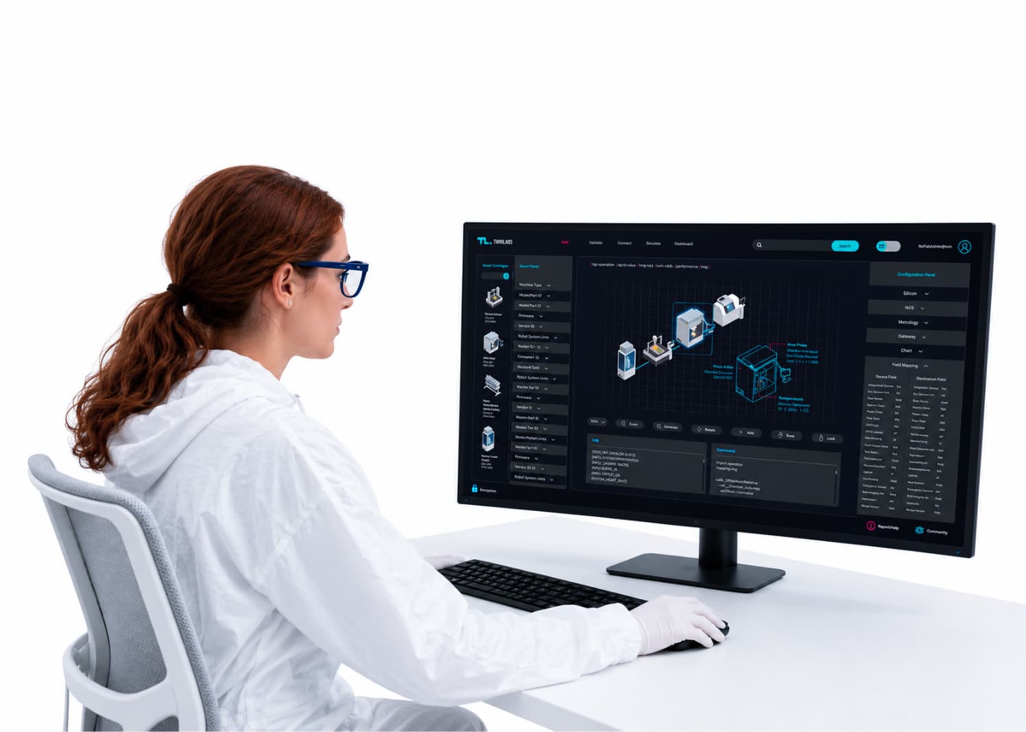 Engineer at multi-screen workstation running TwinLabs platform